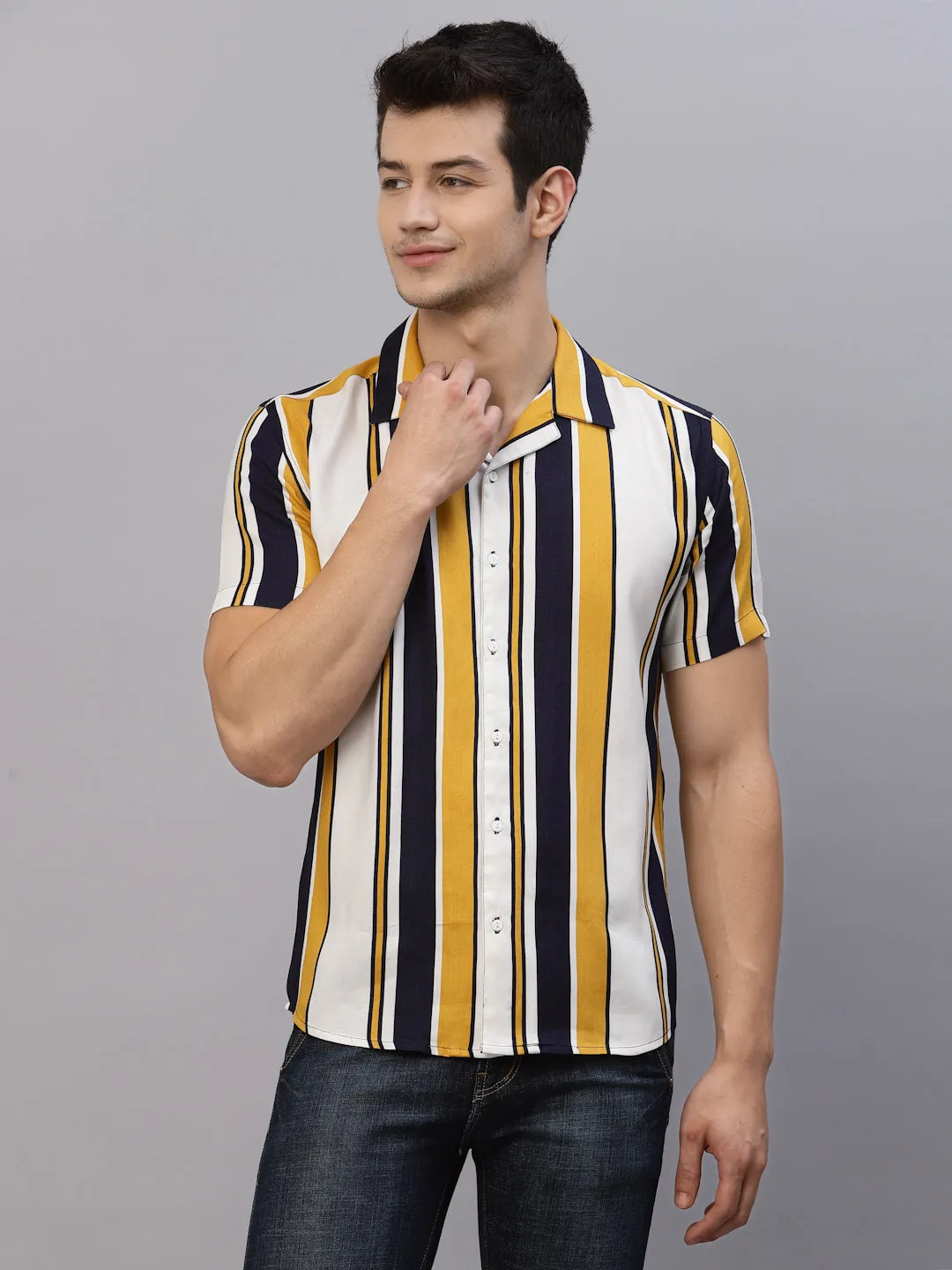 Striped Cuban Collar Half Sleeve Shirt