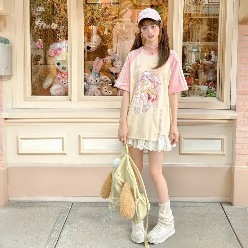 Summer Y2K Style Pink Round Neck T-shirt