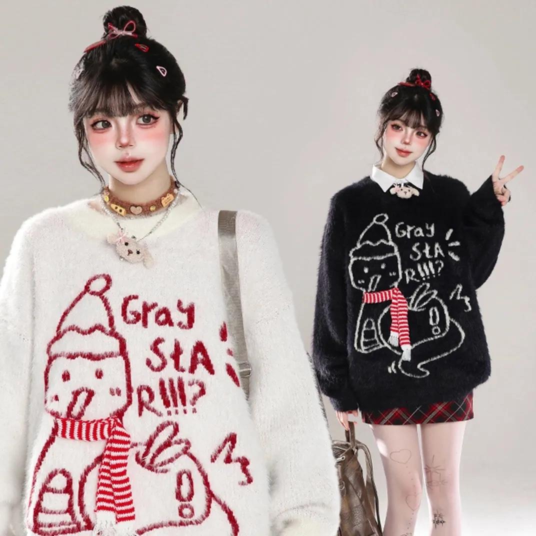 Sweet Christmas Style Cartoon Snowman Embroidered Sweater