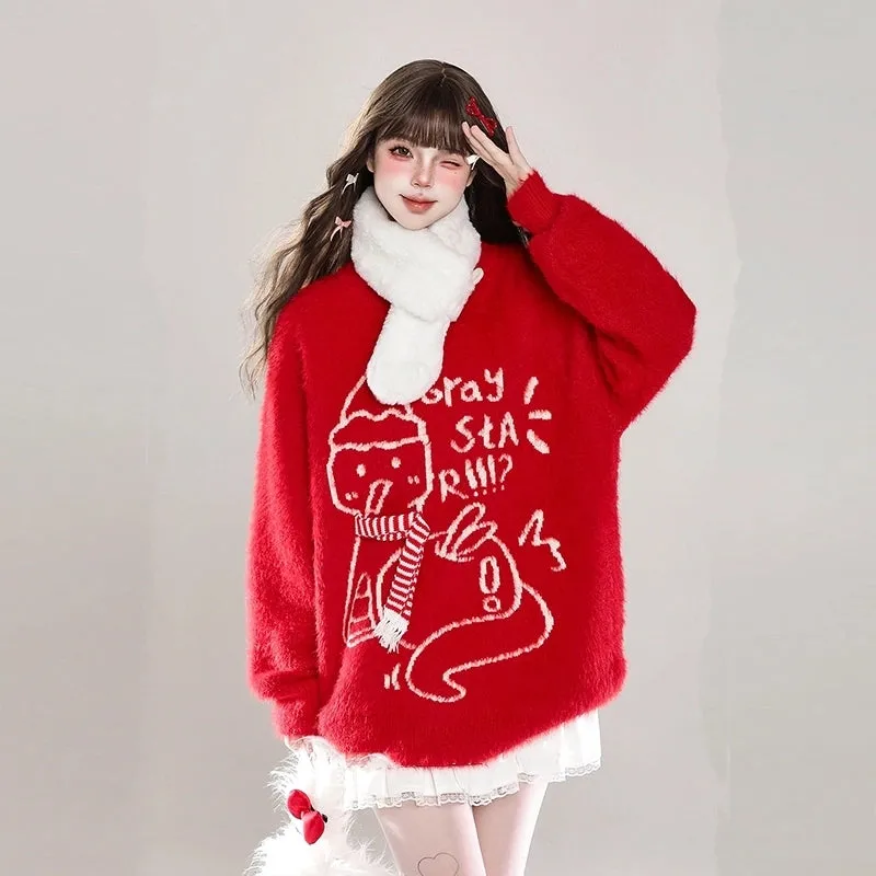 Sweet Christmas Style Cartoon Snowman Embroidered Sweater
