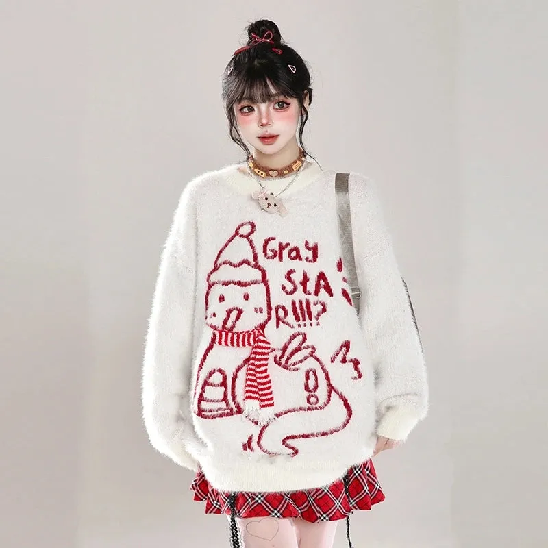 Sweet Christmas Style Cartoon Snowman Embroidered Sweater