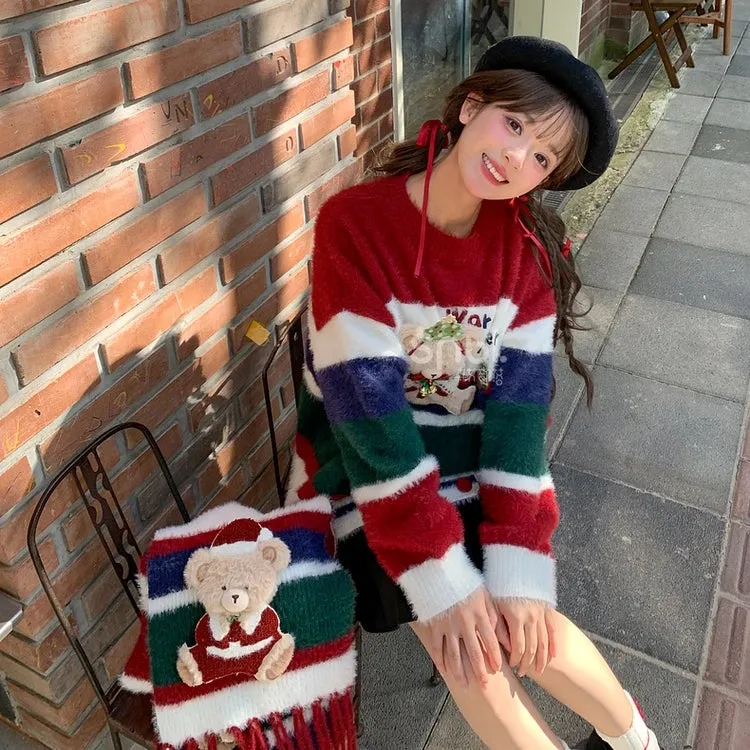 Sweet Christmas Style Color Stitching Round Neck Sweater