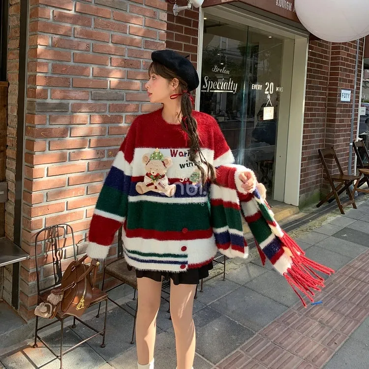Sweet Christmas Style Color Stitching Round Neck Sweater