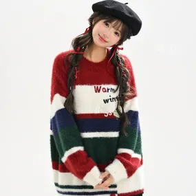 Sweet Christmas Style Color Stitching Round Neck Sweater