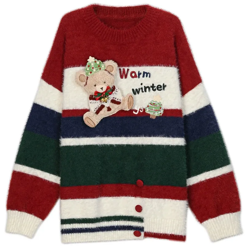 Sweet Christmas Style Color Stitching Round Neck Sweater