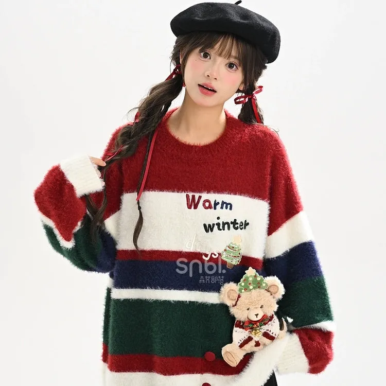 Sweet Christmas Style Color Stitching Round Neck Sweater