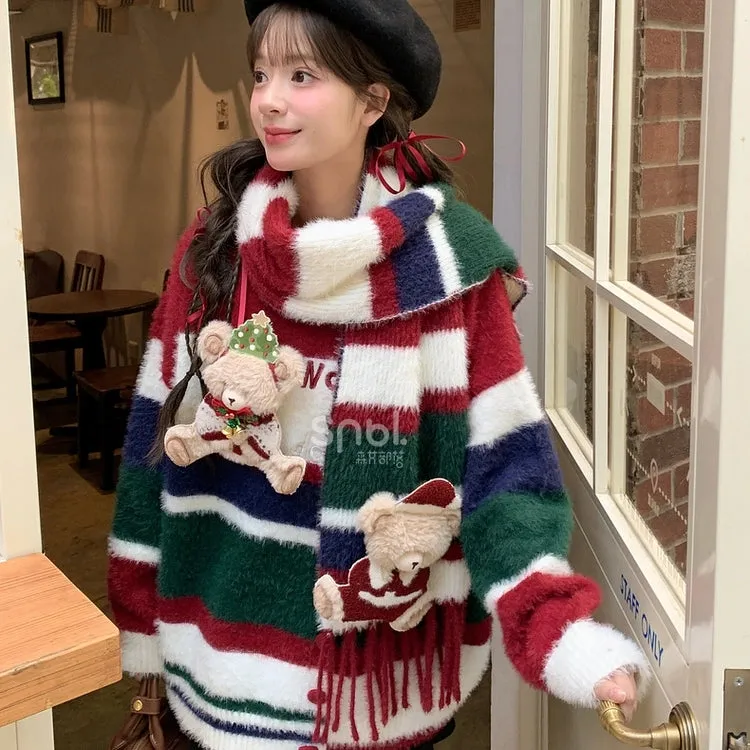 Sweet Christmas Style Color Stitching Round Neck Sweater
