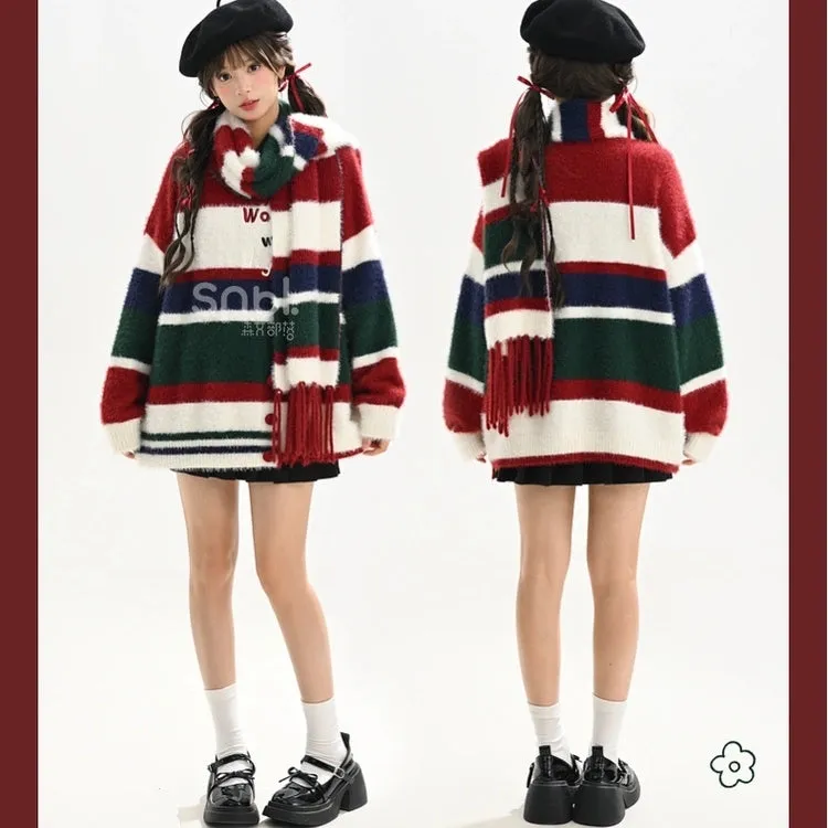 Sweet Christmas Style Color Stitching Round Neck Sweater
