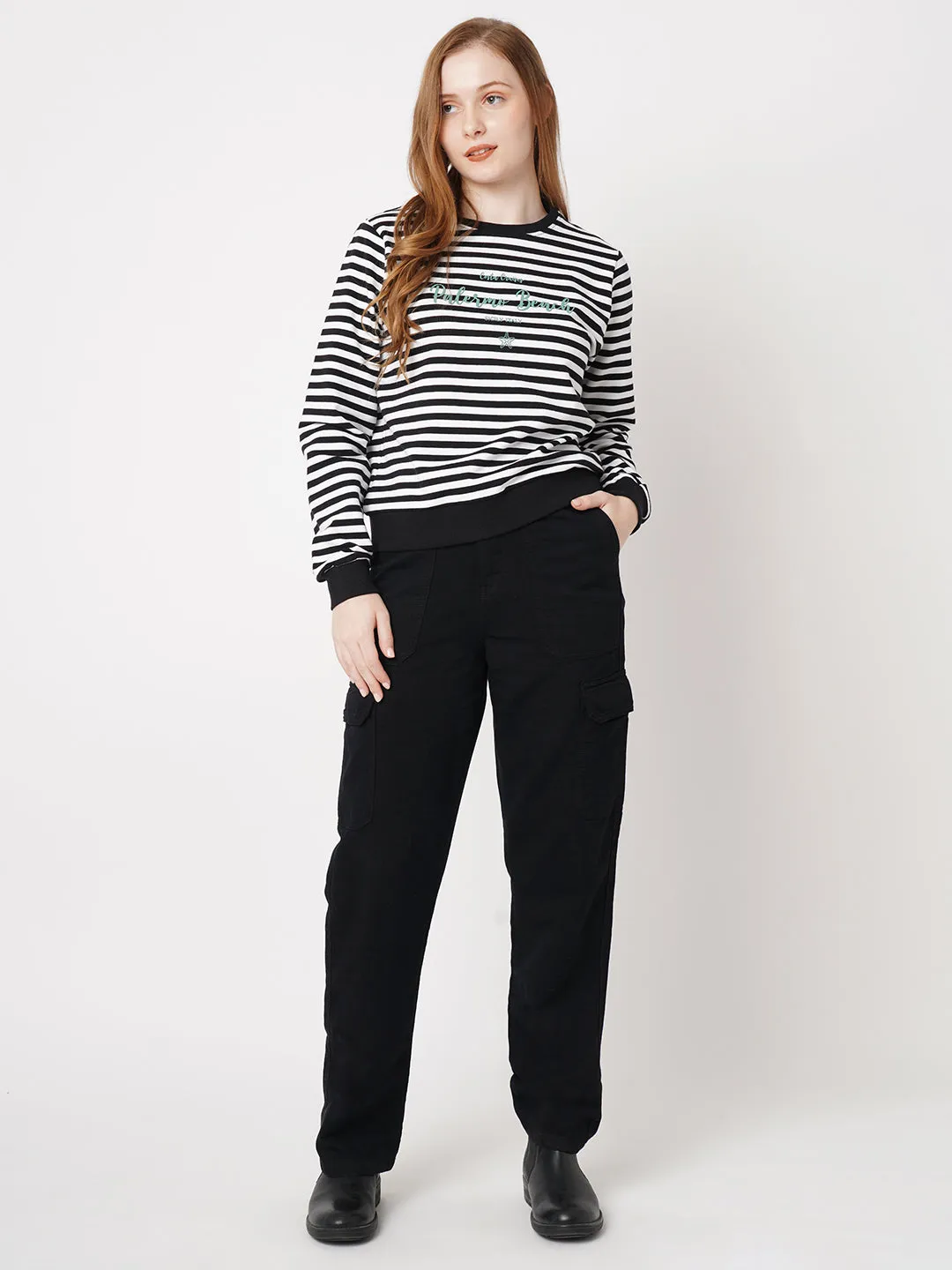 Women Striped Slim Fit BLACK/WHITE Sweatshirts