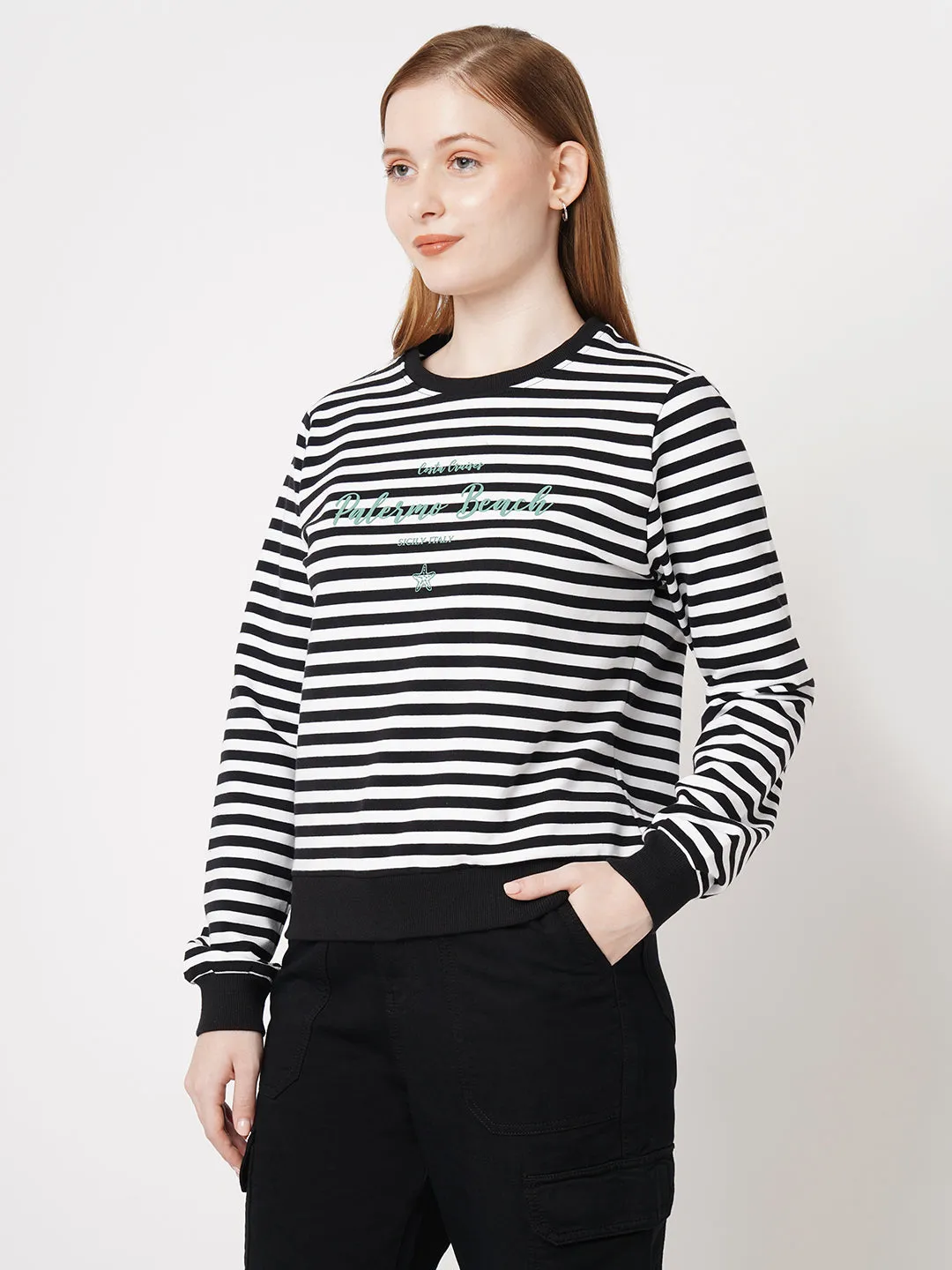 Women Striped Slim Fit BLACK/WHITE Sweatshirts
