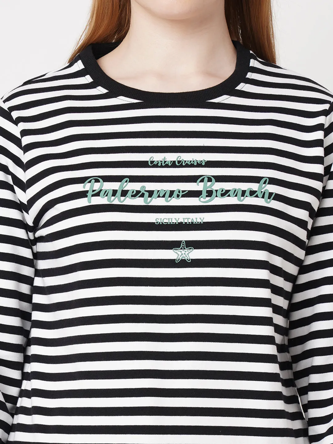 Women Striped Slim Fit BLACK/WHITE Sweatshirts