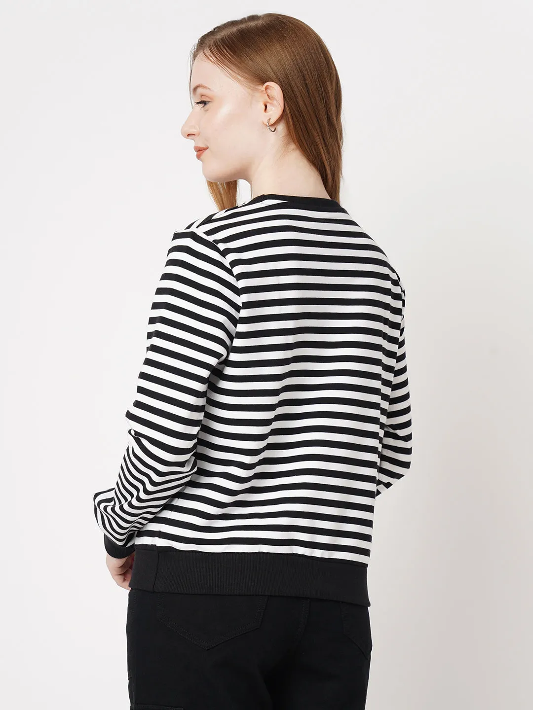 Women Striped Slim Fit BLACK/WHITE Sweatshirts