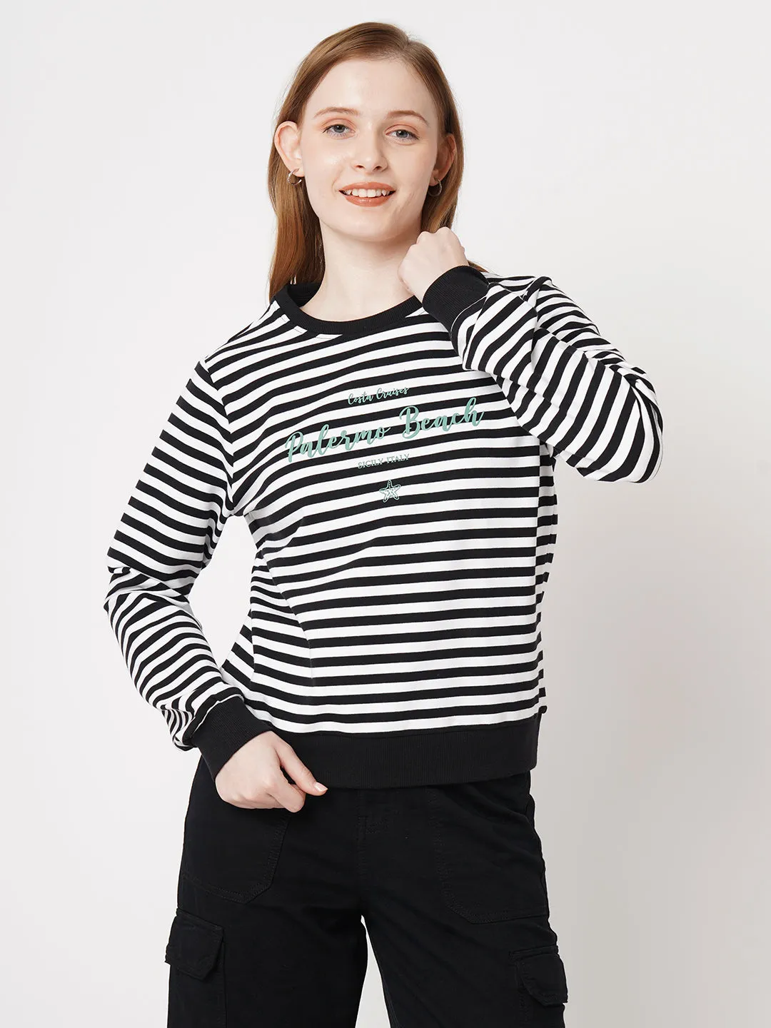 Women Striped Slim Fit BLACK/WHITE Sweatshirts