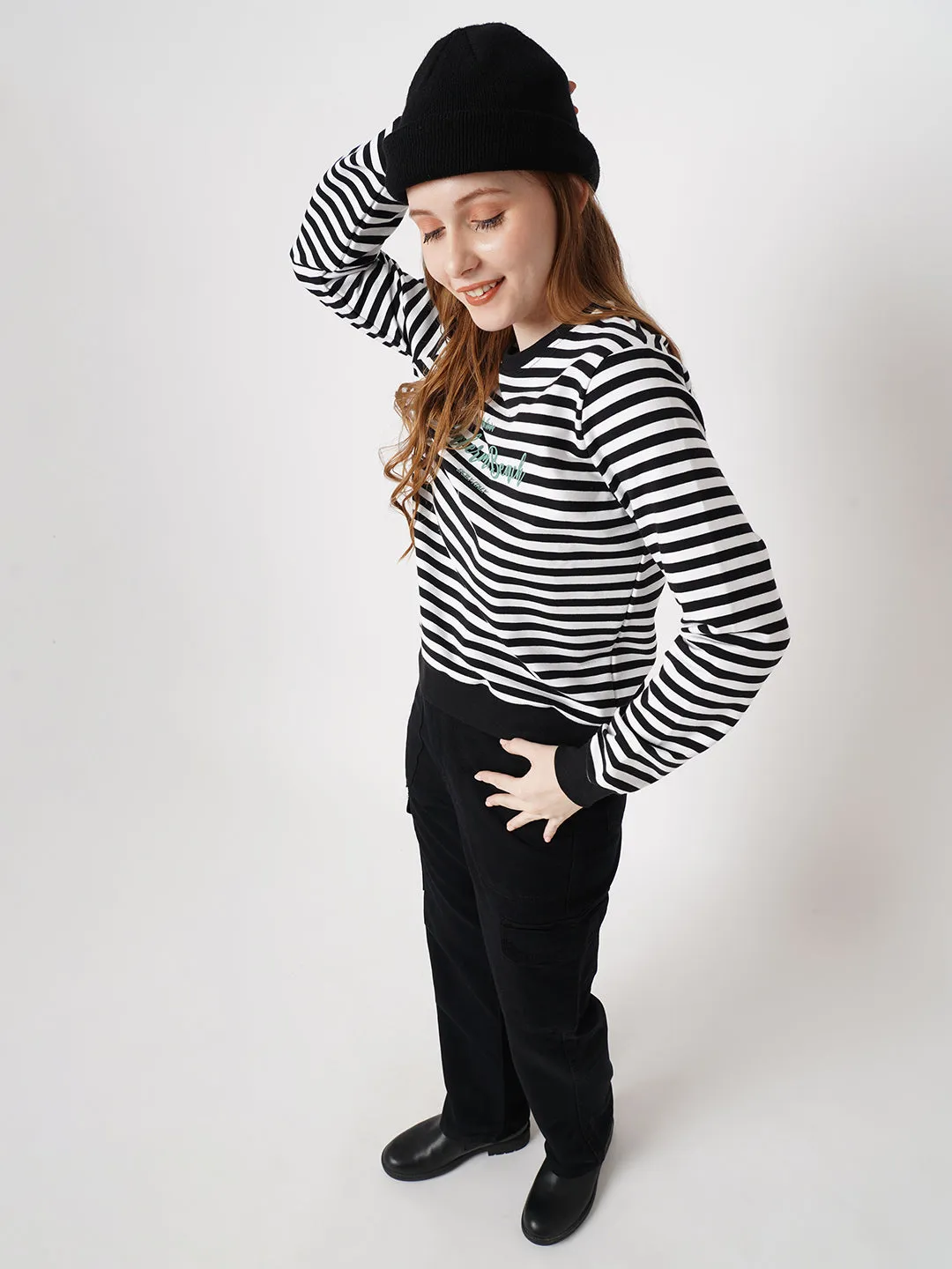 Women Striped Slim Fit BLACK/WHITE Sweatshirts