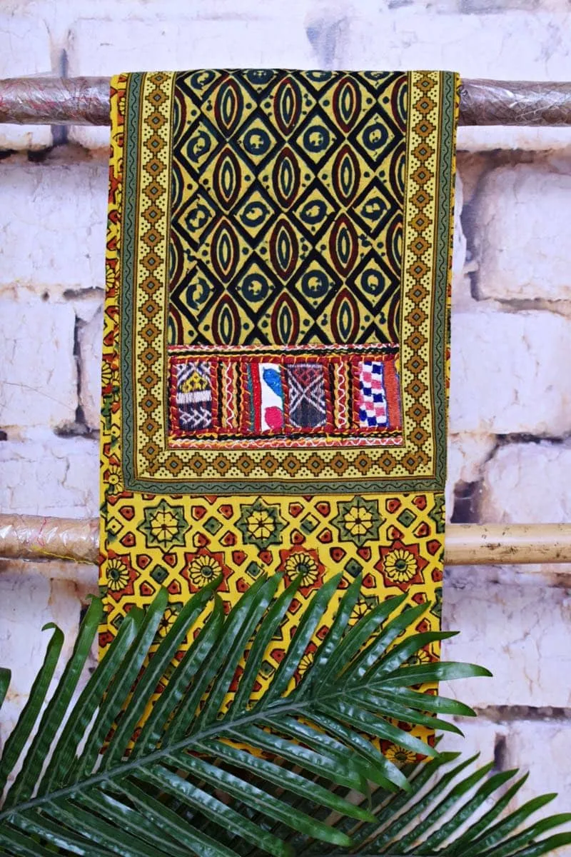 Yellow Ajrakh Block Print Patchwork Suit