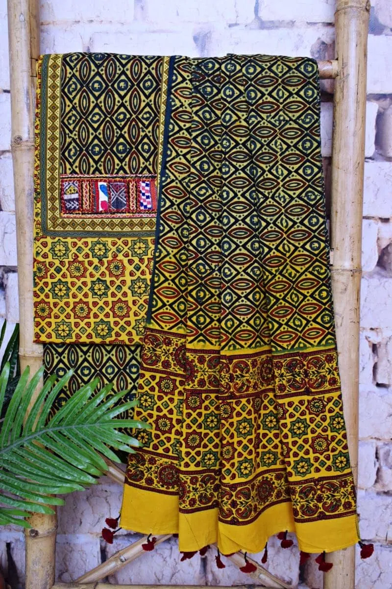 Yellow Ajrakh Block Print Patchwork Suit