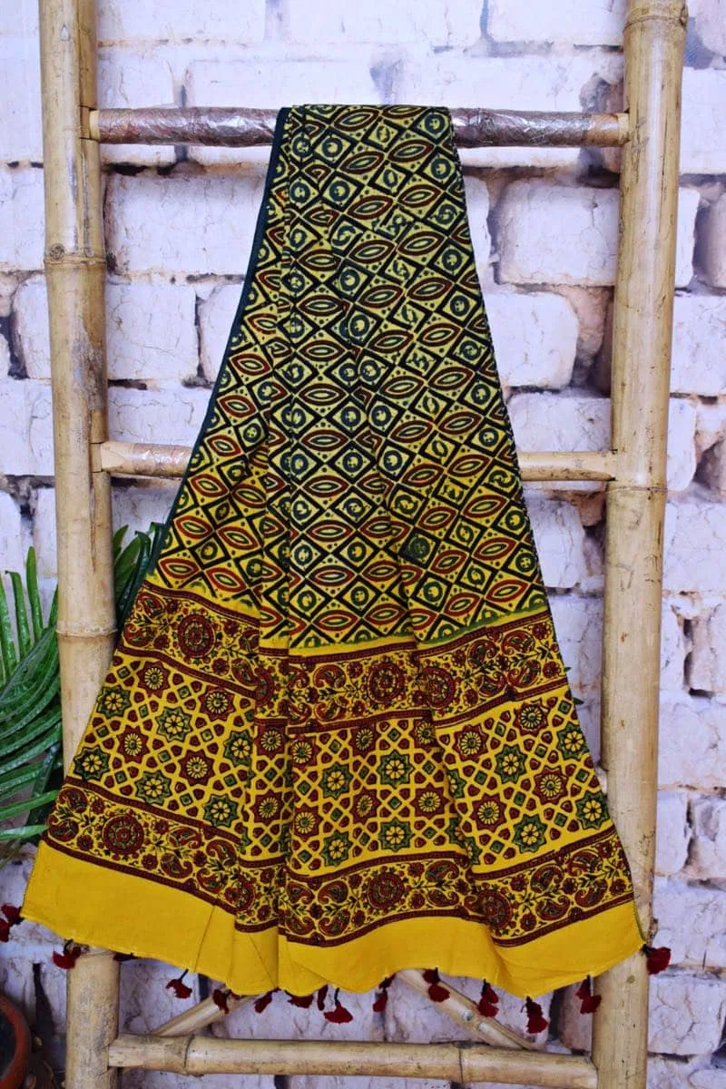 Yellow Ajrakh Block Print Patchwork Suit